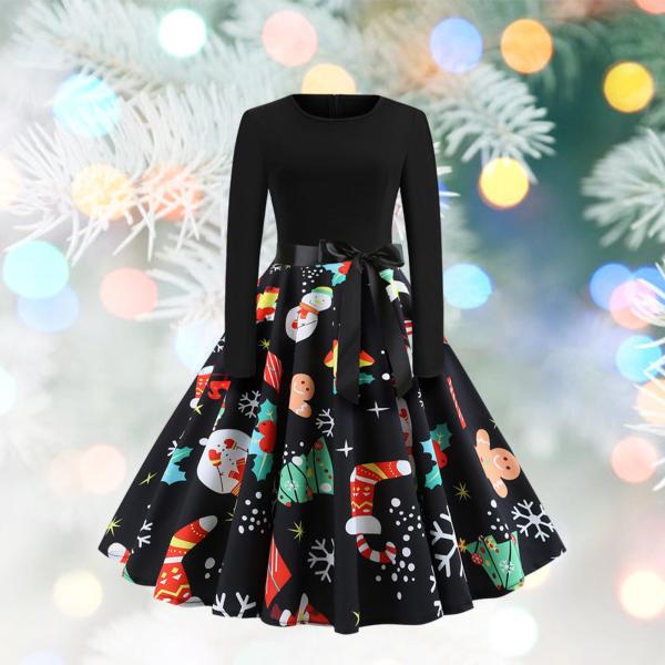レディースドレス長袖クリスマスドレスAラインカクテルパーティードレスMプリント3