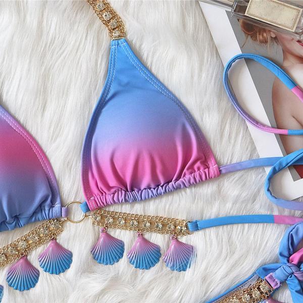 女性ビキニセットダイヤモンドシェルチェーントライアングルトップ水着水着パープルS