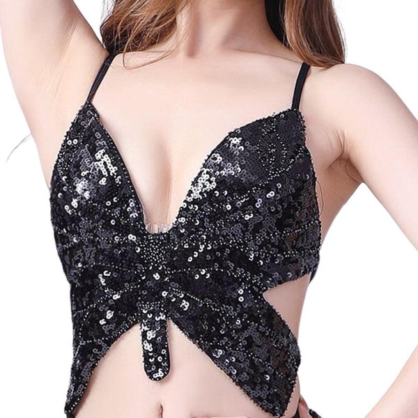 スパンコール バタフライ クロップトップ ハロウィン パーティー ベリーダンス クラブ レイブ ブラック