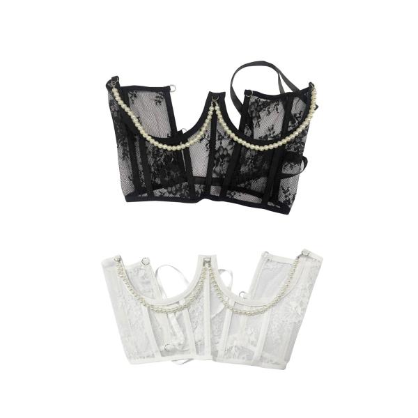 レースコルセットベルトタイバックコルセット女性用アンダーバストコルセットビーズチェーン付きブラック