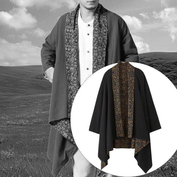 メンズ カーディガン リバーシブル エスニック ルーズコート コットン リネン ドレープ ケープ オーバーコート ブラック