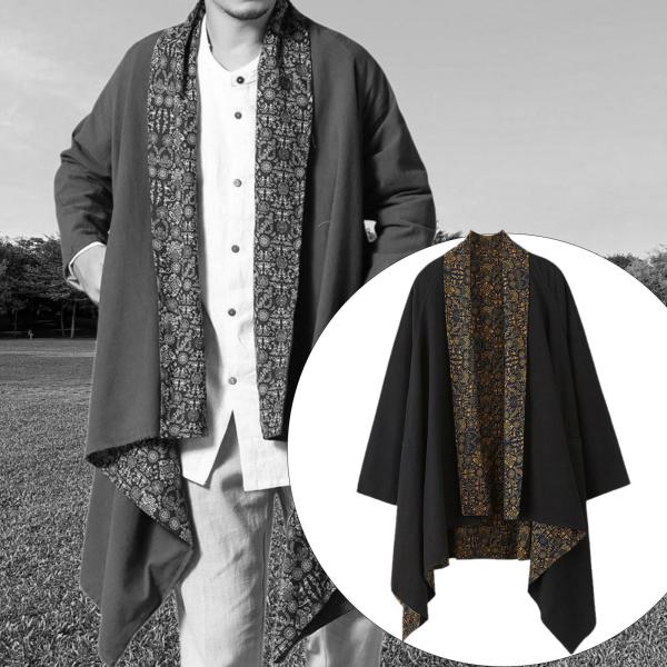 メンズ カーディガン リバーシブル エスニック ルーズコート コットン リネン ドレープ ケープ オーバーコート ブラック
