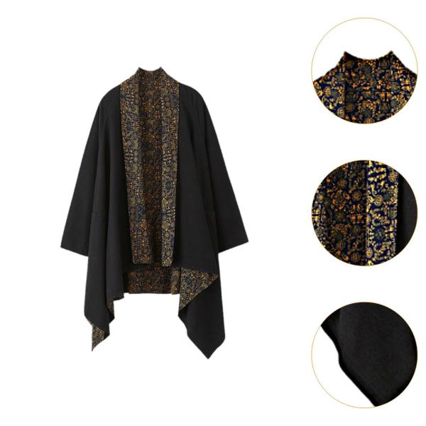 メンズ カーディガン リバーシブル エスニック ルーズコート コットン リネン ドレープ ケープ オーバーコート ブラック