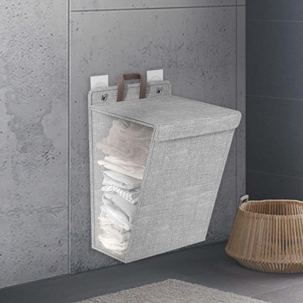 折りたたみ式吊り下げランドリーバスケット 壁掛け収納バスケット 寮の寝室用 グレー M