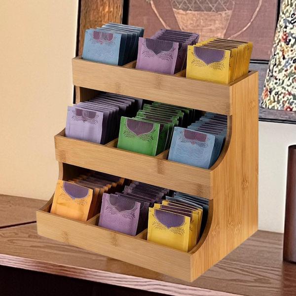 ティーバッグオーガナイザーウッドティーボックスコンテナ、コーヒーステーションオーガナイザー垂直ティーバッグステーション保管所有者キッチン用