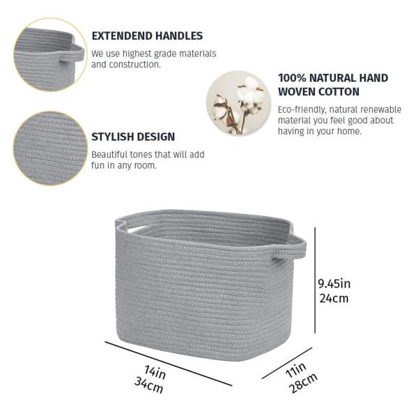 編み込みバスケット コットンロープ 大容量 おもちゃ箱 保育園 キッチン バスルーム用 グレー