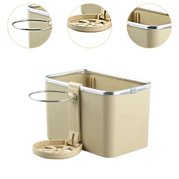 車用アームレスト収納ボックス 折りたたみ式カップホルダー付き ユニバーサルティッシュボックスホルダー ベージュ