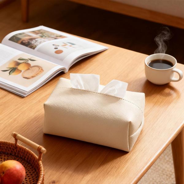 ティッシュボックスカバー スタイリッシュなPUレザー製 ティッシュホルダー 車 寝室 レストラン用 ホワイト