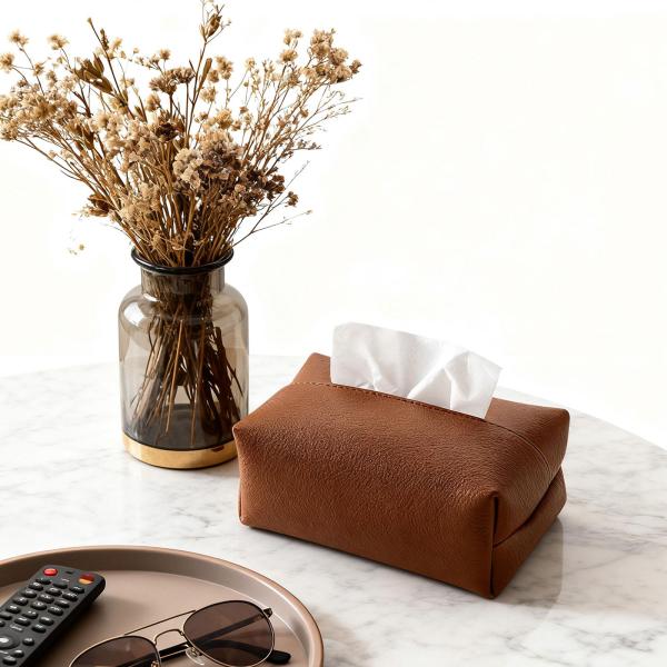 ティッシュボックスカバー スタイリッシュなPUレザー製 ティッシュホルダー 車 寝室 レストラン用 ブラウン