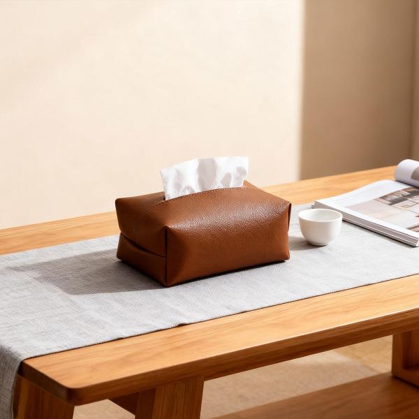 ティッシュボックスカバー スタイリッシュなPUレザー製 ティッシュホルダー 車 寝室 レストラン用 ブラウン