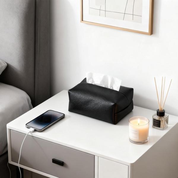 ティッシュボックスカバー スタイリッシュなPUレザー製 ティッシュホルダー 車 寝室 レストラン用 ブラック