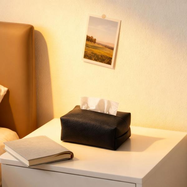 ティッシュボックスカバー スタイリッシュなPUレザー製 ティッシュホルダー 車 寝室 レストラン用 ブラック