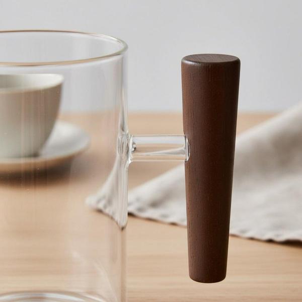 耐熱容器 ティーマグ 透明グラス ガラスマグ コーヒーマグ カップ 木製取っ手 断熱持ち手 熱湯淹れ可 アイス対応 上品佇まい 手入れ容易 自宅カウンターに適用