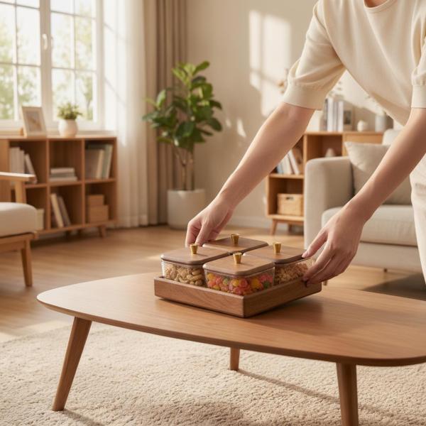 ガラス容器付き木製トレイ 透明 木製トレー付き菓子鉢 コンパクト 仕切り菓子鉢 便利 仕切りドライフルーツトレイ 頑丈 蓋ガラスキャニスターセット リビング用