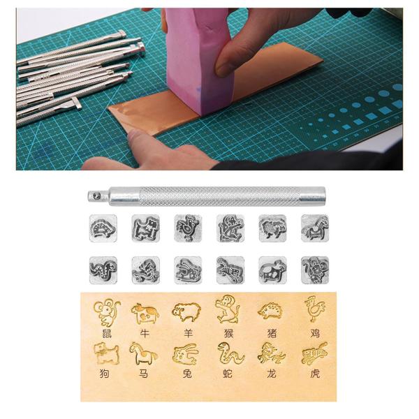 12ピースレザークラフトワーキングサドル作りDIYツール彫刻メタルスタンプセット中国の黄道帯