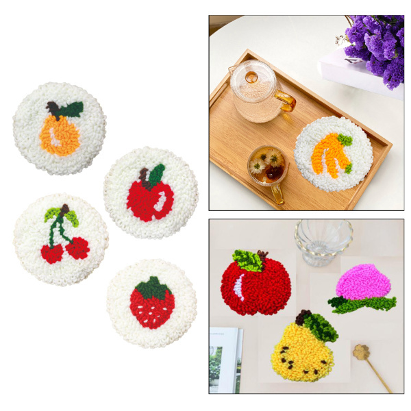 手刺繍 テーブルランナー ポットマット コースター セット パンチニードルカップホルダーマットキット、初心者向けの刺〓ドリンク