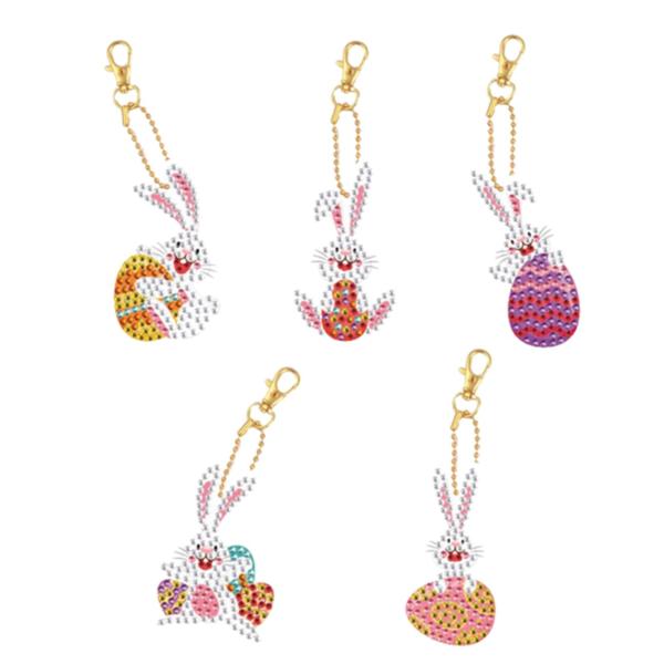 5個のダイヤモンド絵画キーホルダーイースターエッグモザイクメイキングキーリングペンダント5PCSイースターバニー