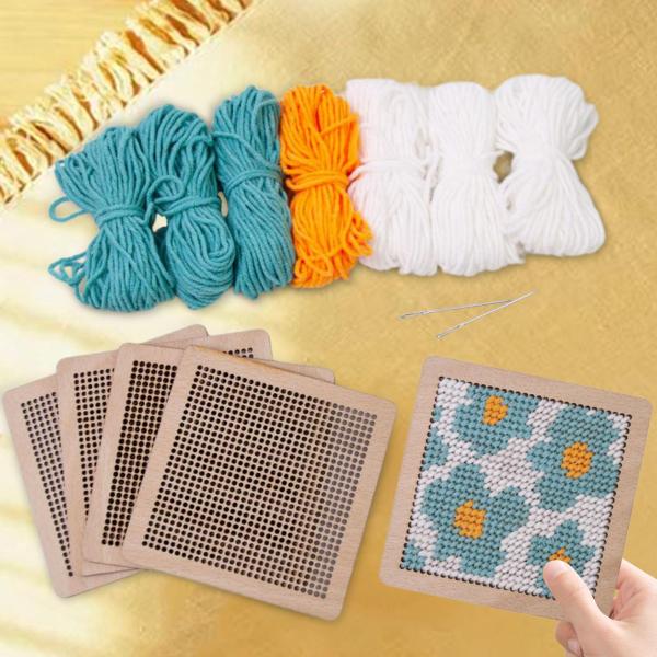 コースター ラッチフックキット 10x10cm かぎ針編み 刺繍 子供 大人 初心者用 グリーン