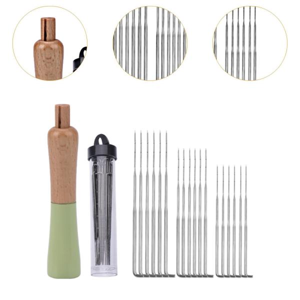 木製ハンドル フェルト針付き ウール針 DIY 裁縫 絵画 初心者用 グリーン