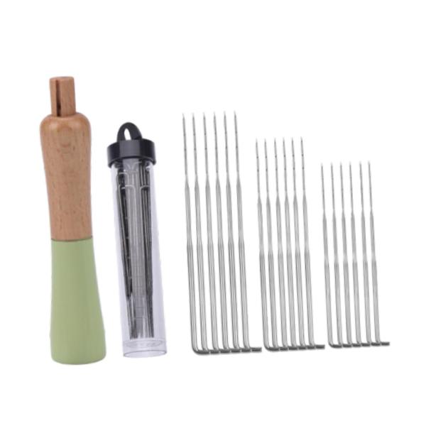 木製ハンドル フェルト針付き ウール針 DIY 裁縫 絵画 初心者用 グリーン