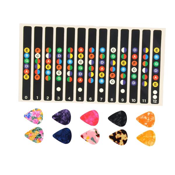 2 個のベースコードステッカーギターノートステッカー 10 個のギターピック付きギター指板ノートデカール学習者初心者用