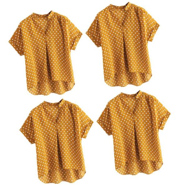 レディースＴシャツ 大人 半袖 Vネック 大きいサイズ 女性トップス スリム オフィス 通勤 イエロー