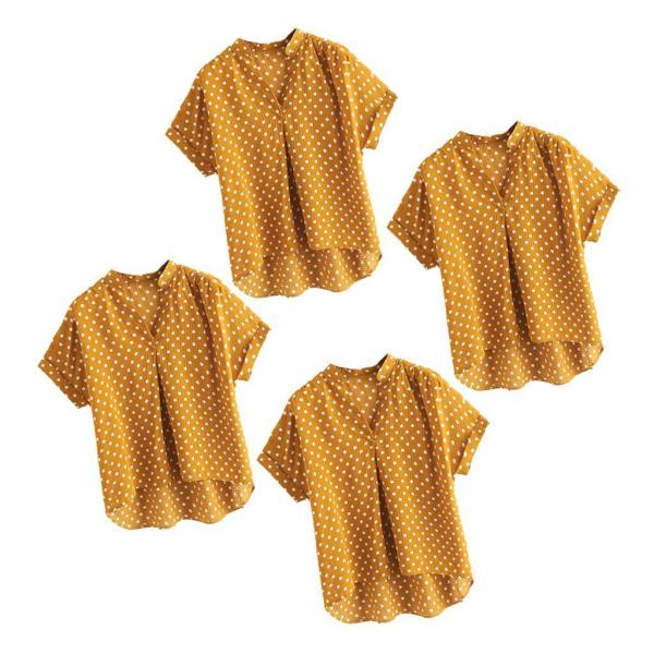 レディースＴシャツ 大人 半袖 Vネック 大きいサイズ 女性トップス スリム オフィス 通勤 イエロー