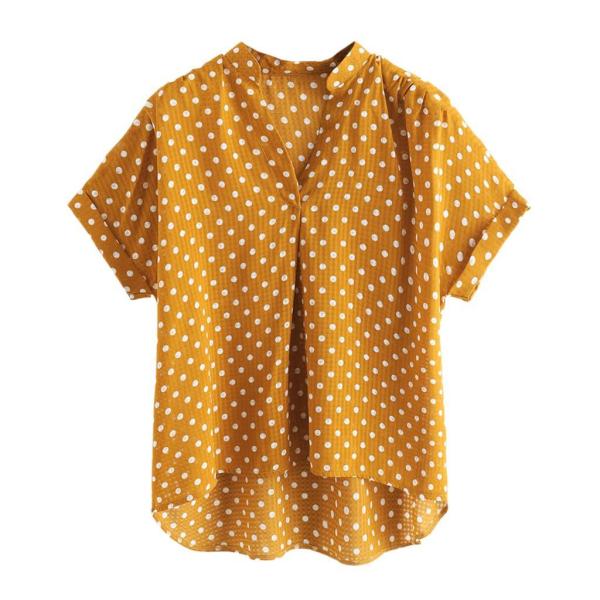 レディースＴシャツ 大人 半袖 Vネック 大きいサイズ 女性トップス スリム オフィス 通勤 イエロー