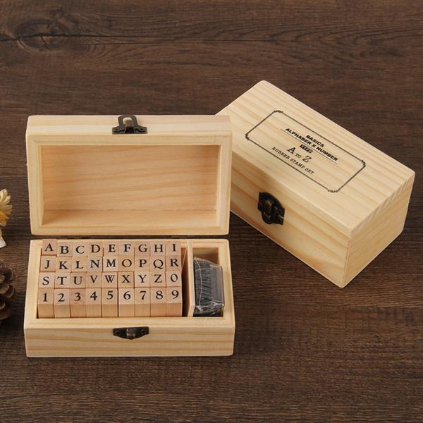木製のゴム製アルファベット文字、収納ボックス付きナンバースタンプセット(36個)-カード作成、DIYプランナー、スクラップブッキング、アート