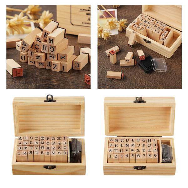 木製のゴム製アルファベット文字、収納ボックス付きナンバースタンプセット(36個)-カード作成、DIYプランナー、スクラップブッキング、アート
