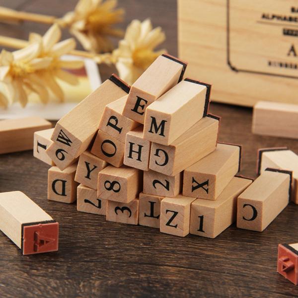 木製のゴム製アルファベット文字、収納ボックス付きナンバースタンプセット(36個)-カード作成、DIYプランナー、スクラップブッキング、アート