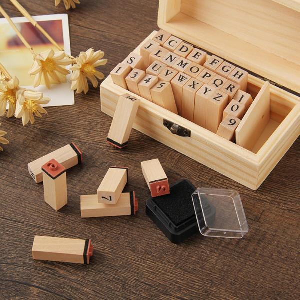 木製のゴム製アルファベット文字、収納ボックス付きナンバースタンプセット(36個)-カード作成、DIYプランナー、スクラップブッキング、アート