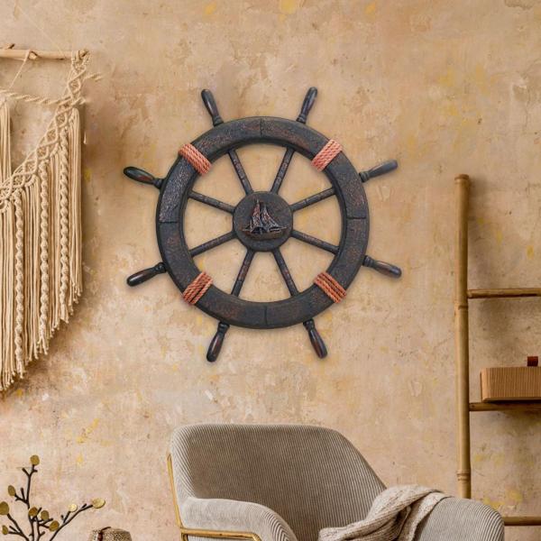 船の舵　木製　クラシック　６本ハンドル Amazon | Colcolo 木製の船のハンドルの壁の装飾のヨット