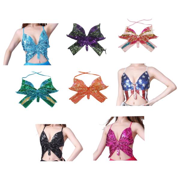 女性のシャイニー スパンコール バタフライ クロップ トップ V ネック チューブ トップ レイブ ハロウィン クラブウェア