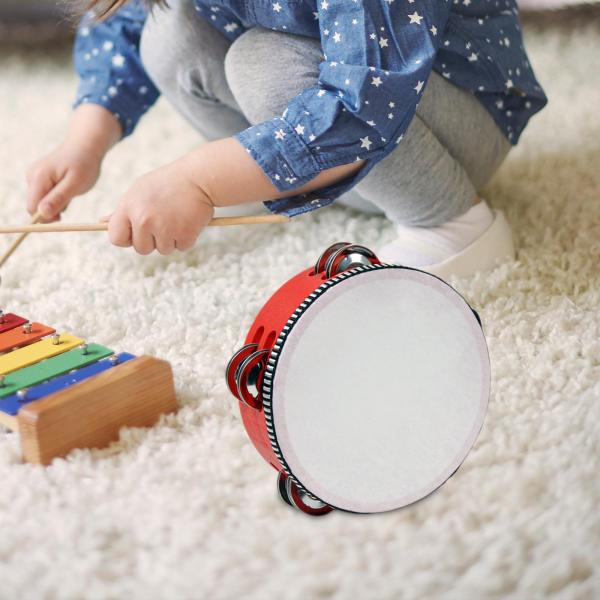 木製ハンドヘルドタンバリン、8インチ2列ジングルタンバリン、ジングルドラム楽器、大人、子供、パーティー、ゲーム用