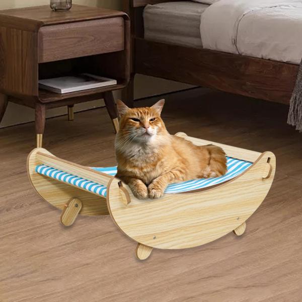 猫用ハンモックスイングベッド、猫用ロッキングチェアラウンジャー、木製高架スリーピングチェア、犬用ロッキングハンモックベッド、子猫用スイングチ