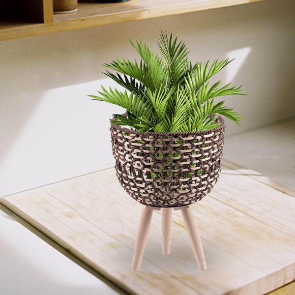 脚付き植物用編みバスケット フラワーポット 木製立ち脚 床植木鉢 シンプルな籐バスケット リビングルーム ホテル アパート オフィス用