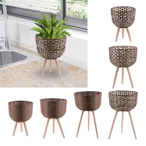 脚付き植物用編みバスケット フラワーポット 木製立ち脚 床植木鉢 シンプルな籐バスケット リビングルーム ホテル アパート オフィス用