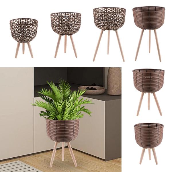 脚付き植物用編みバスケット フラワーポット 木製立ち脚 床植木鉢 シンプルな籐バスケット リビングルーム ホテル アパート オフィス用