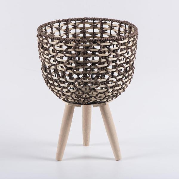 脚付き植物用編みバスケット フラワーポット 木製立ち脚 床植木鉢 シンプルな籐バスケット リビングルーム ホテル アパート オフィス用