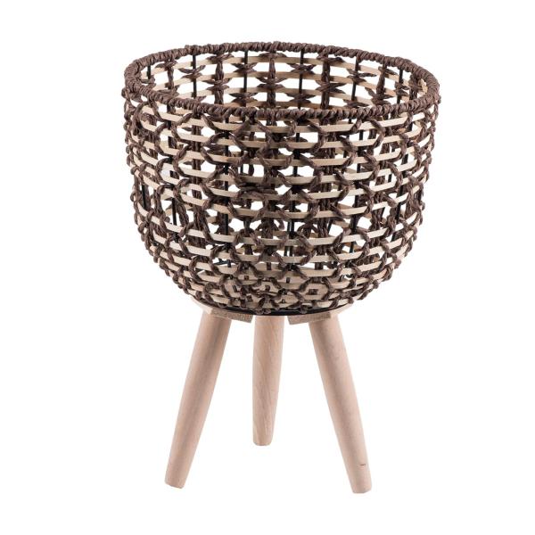 脚付き植物用編みバスケット フラワーポット 木製立ち脚 床植木鉢 シンプルな籐バスケット リビングルーム ホテル アパート オフィス用
