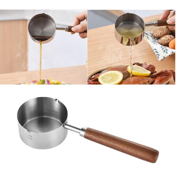 木製ハンドル付き小型バターウォーマー、油溶けるクッキングポット、デュアル注ぎミルクポット付きステンレススチールノンスティックミニスープポット