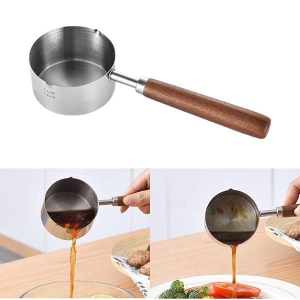 木製ハンドル付き小型バターウォーマー、油溶けるクッキングポット、デュアル注ぎミルクポット付きステンレススチールノンスティックミニスープポット