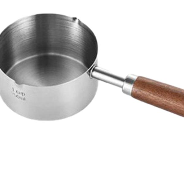 木製ハンドル付き小型バターウォーマー、油溶けるクッキングポット、デュアル注ぎミルクポット付きステンレススチールノンスティックミニスープポット