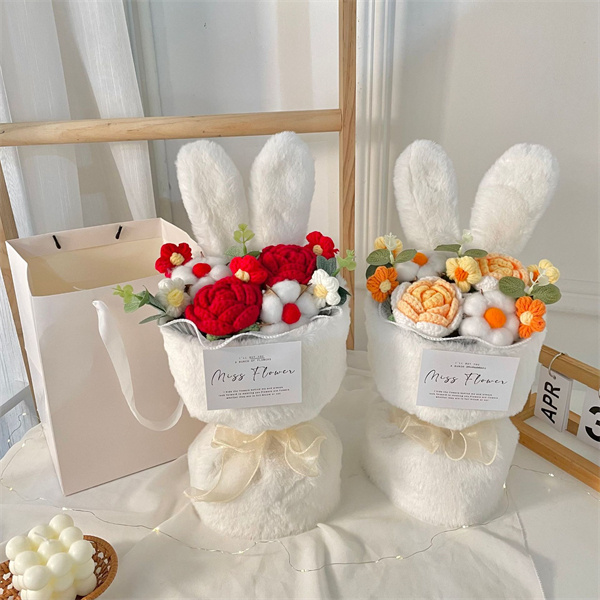 かぎ針編みフラワー花束 卒業式 入学式 就職祝い 退職祝いうさぎのぬいぐるみ フラワー 誕生祝い ブーケ発表会 母の日 父の日 結婚式 ニット花飾り 造花ブーケ