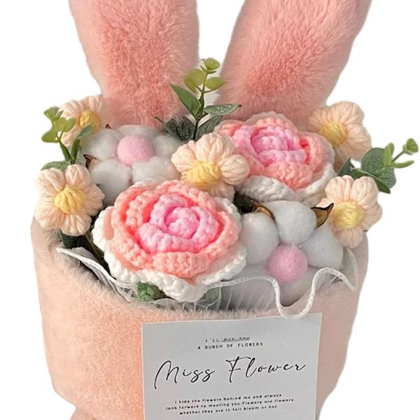 かぎ針編みフラワー花束 卒業式 入学式 就職祝い 退職祝いうさぎのぬいぐるみ フラワー 誕生祝い ブーケ発表会 母の日 父の日 結婚式 ニット花飾り 造花ブーケ