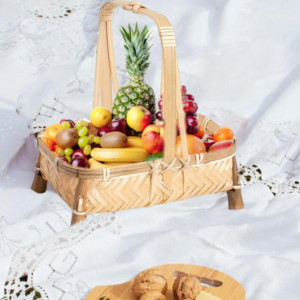 パンバスケット 竹バスケットトレイ 多機能 ハンドル付き 野菜サービングバスケット 野菜果物用織物フルーツバスケット