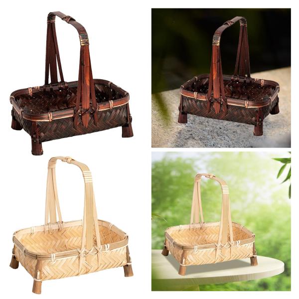 パンバスケット 竹バスケットトレイ 多機能 ハンドル付き 野菜サービングバスケット 野菜果物用織物フルーツバスケット