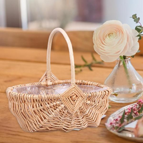 ウェディングフラワーバスケット 収納バスケット 空のフルーツバスケット フラワーガールバスケット ハンドル付き籐バスケット 庭、キャンプ用