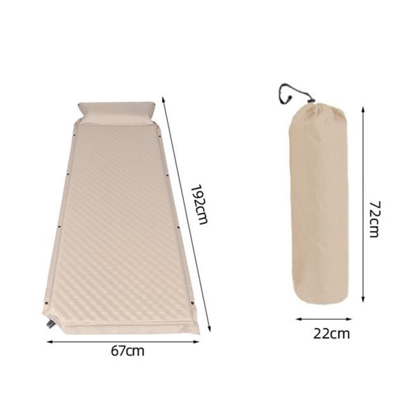 自動膨張式マットレス、枕付きキャンプ用スリーピングパッド、軽量キャンプ用マットクッション、インフレータブルベッド